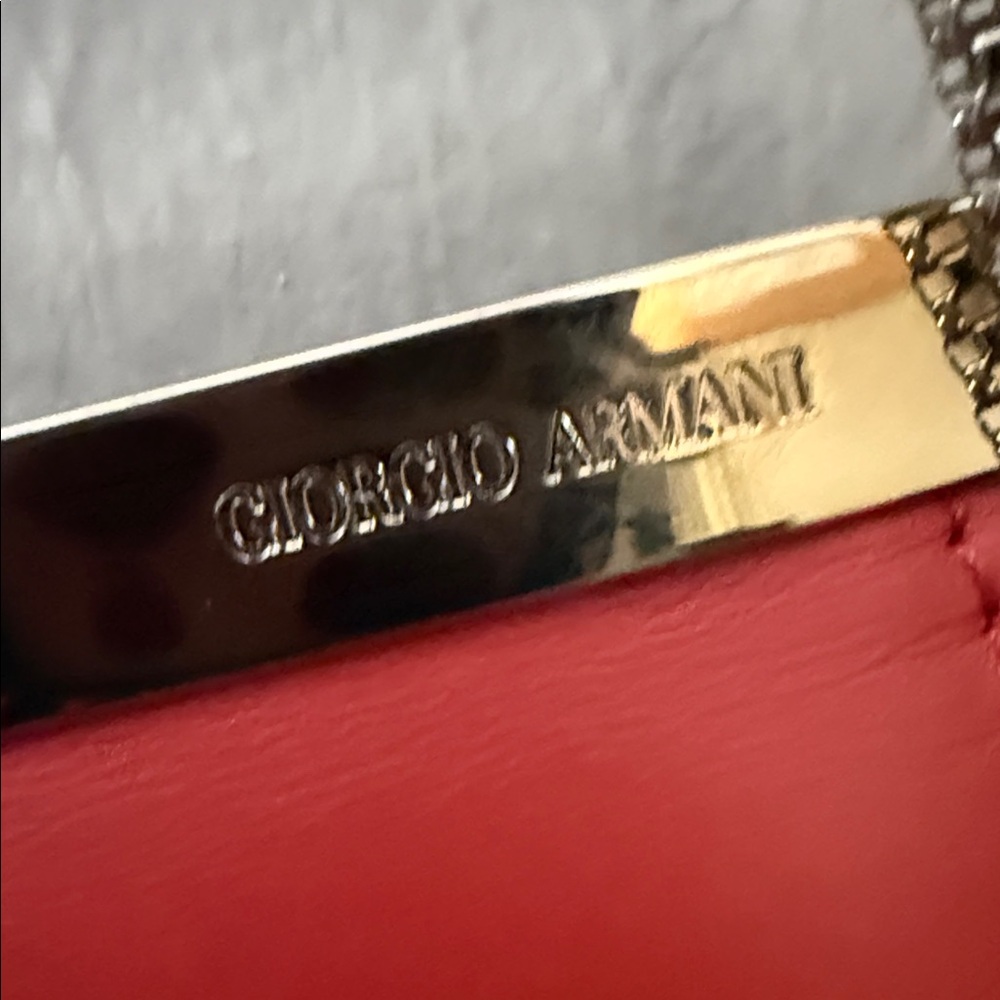 Giorgio Armani Pink-Red Leather Evening Clutch Silver Frame Chain Strap - Picture 2 of 10